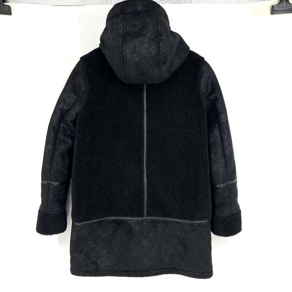 Abercrombie Fitch Black Faux Leather Sherpa Lined Hooded Coat‎ Women's Size M - Picture 2 of 15